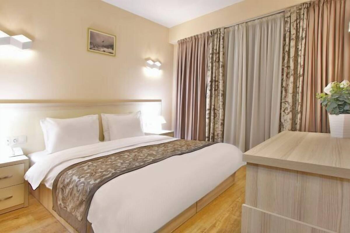 Una habitación de hotel con cama, mesita de noche, lámpara, cortinas y una pequeña planta.
