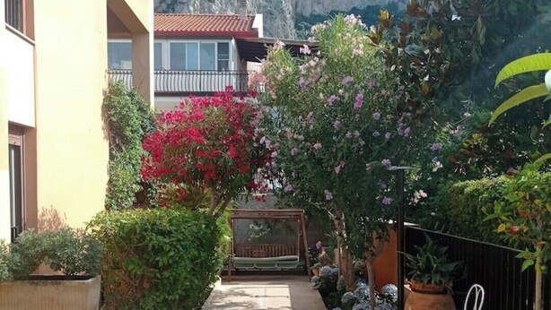 Un pati amb una banca, plantes en testos i vista d'una muntanya.