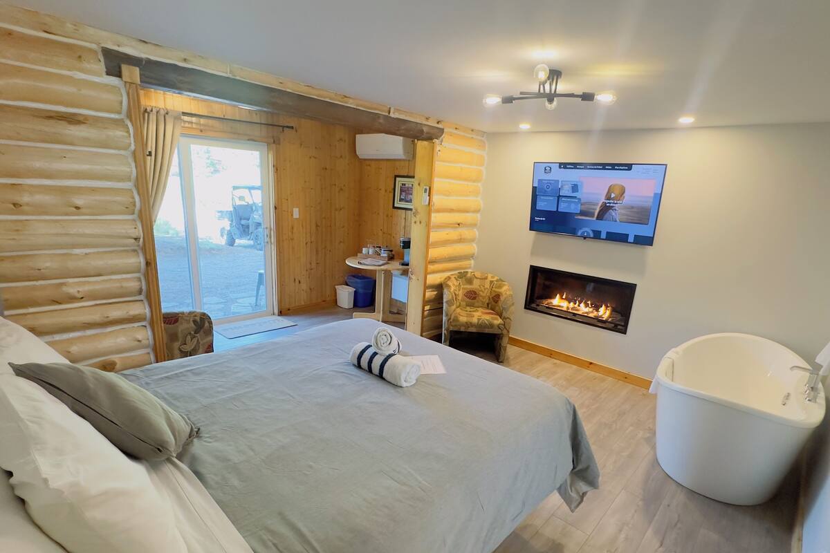 Quarto estilo cabana de tronco com uma cama, uma cadeira, uma lareira e uma televisão.