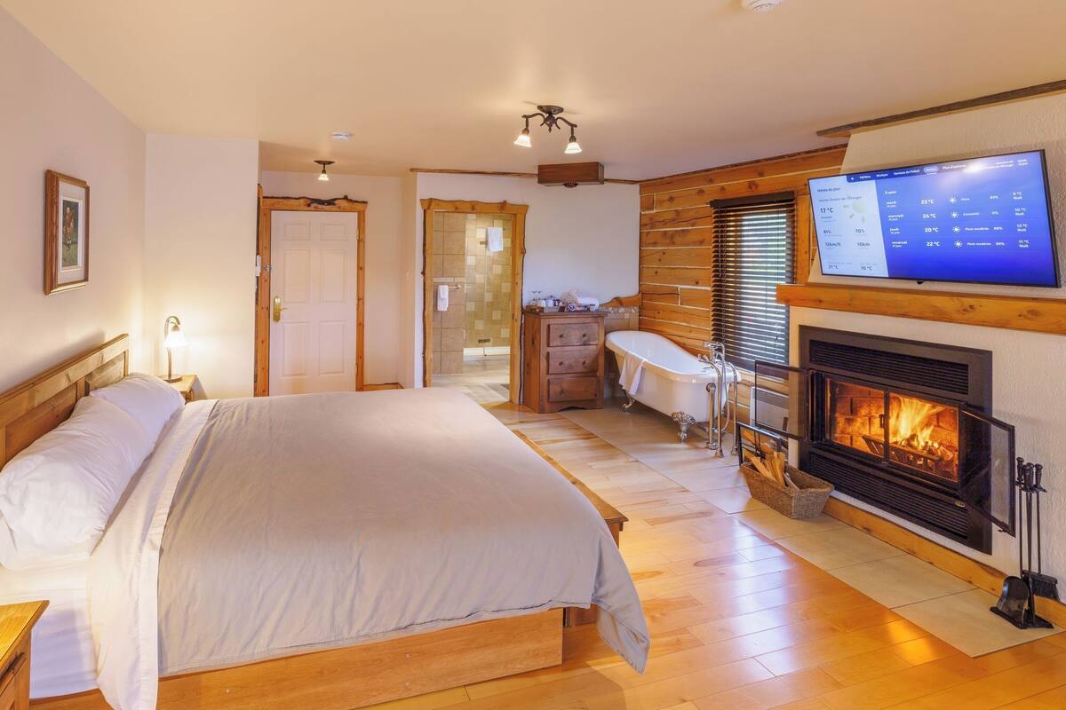 Quarto com cama, lareira, televisão e banheiro com banheira.