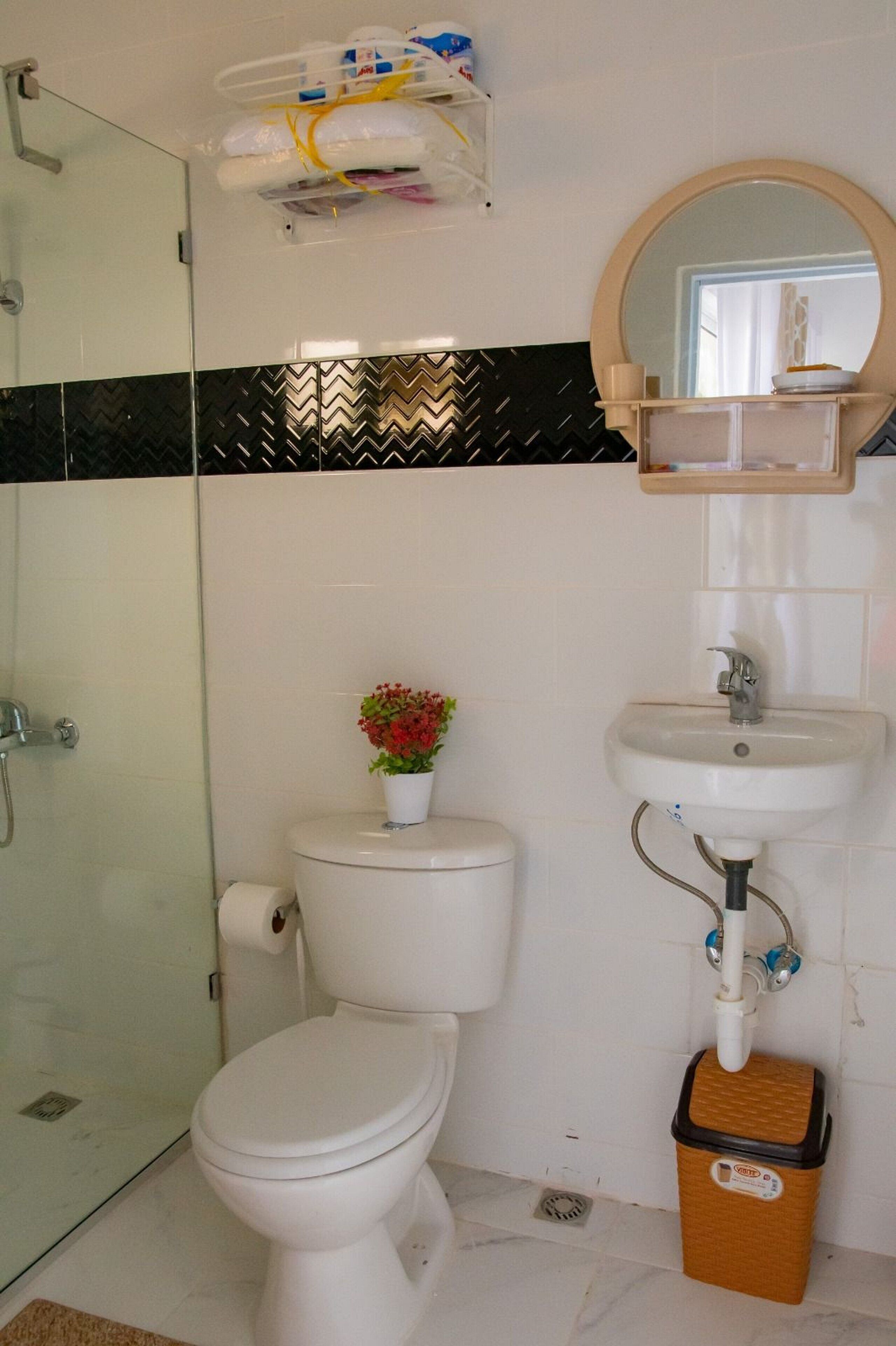 A bathroom with a toilet, sink, and shower. There is a trash bin and a small plant on the sink.