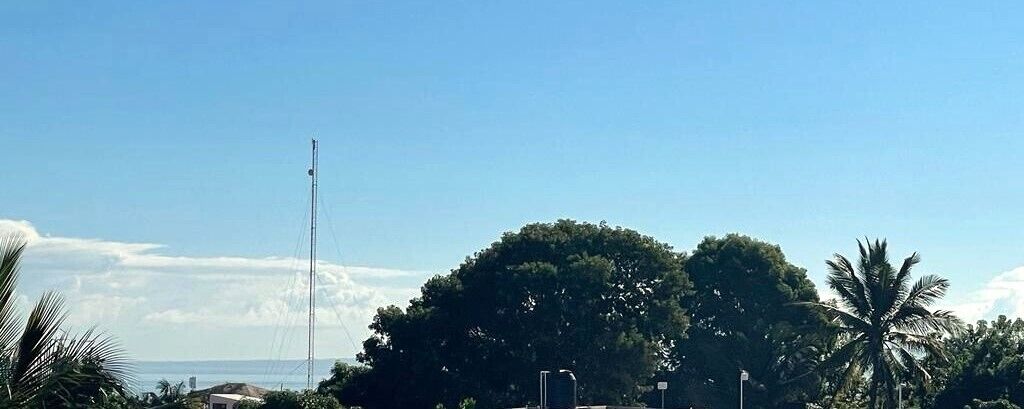 A clear view of a tall communication tower, lush green trees, and a distant body of water.