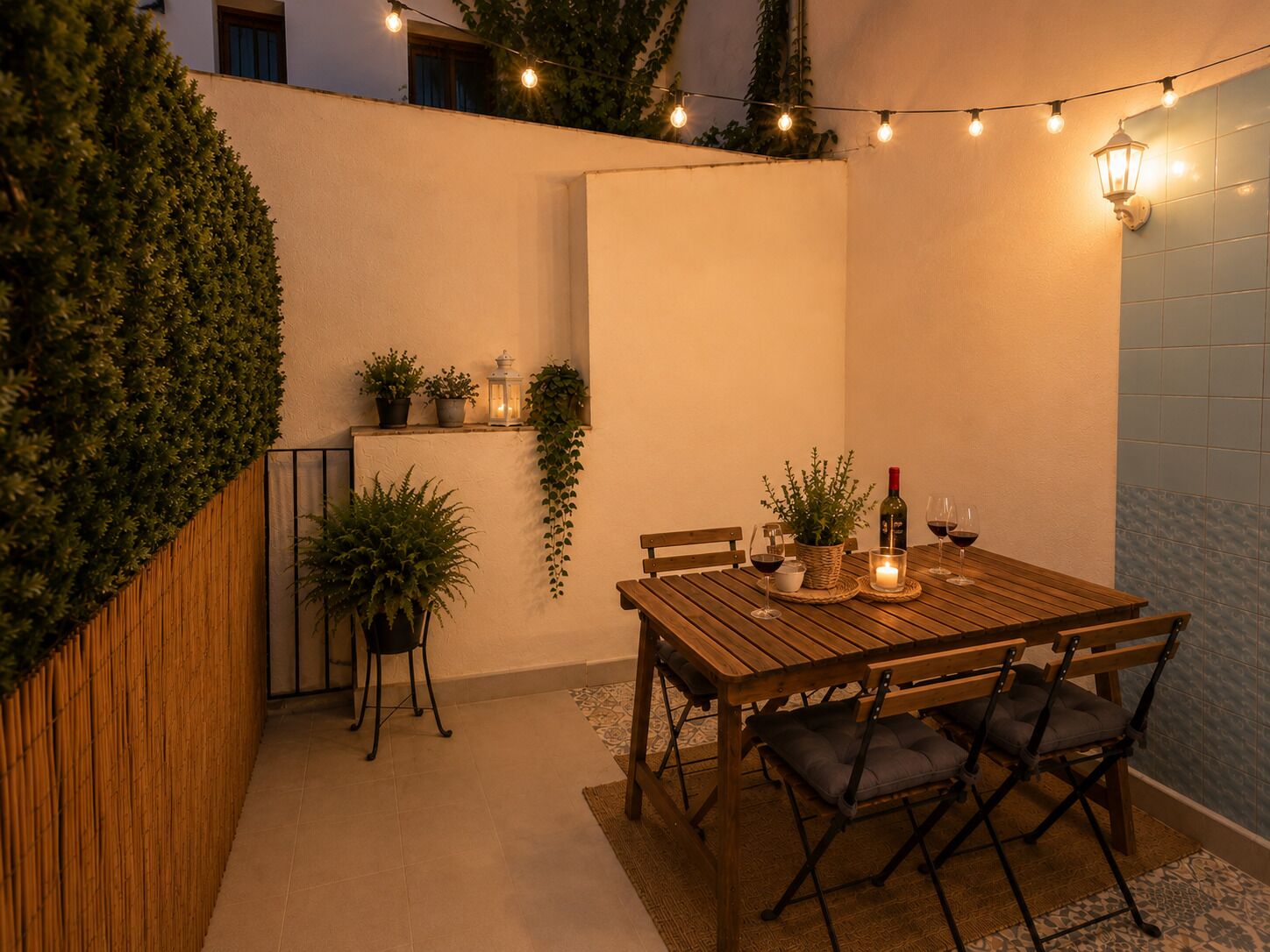 Una mesa de madera con sillas, una vela y una botella de vino, rodeada de plantas en macetas y luces de cuerda.