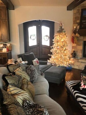 Una Smart TV, una chimenea, un reproductor de DVD, libros