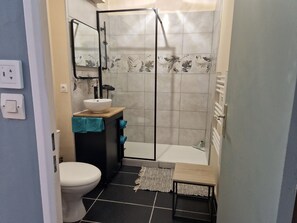 Shower, towels, toilet paper