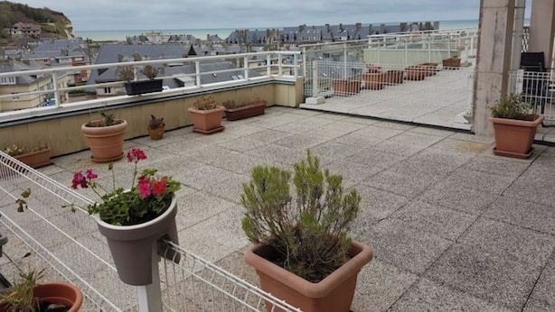A rooftop terrace with potted plants and a view of the sea and buildings.