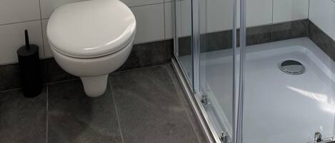 Une salle de bain moderne avec une douche à parois de verre, des toilettes blanches et une petite étagère.