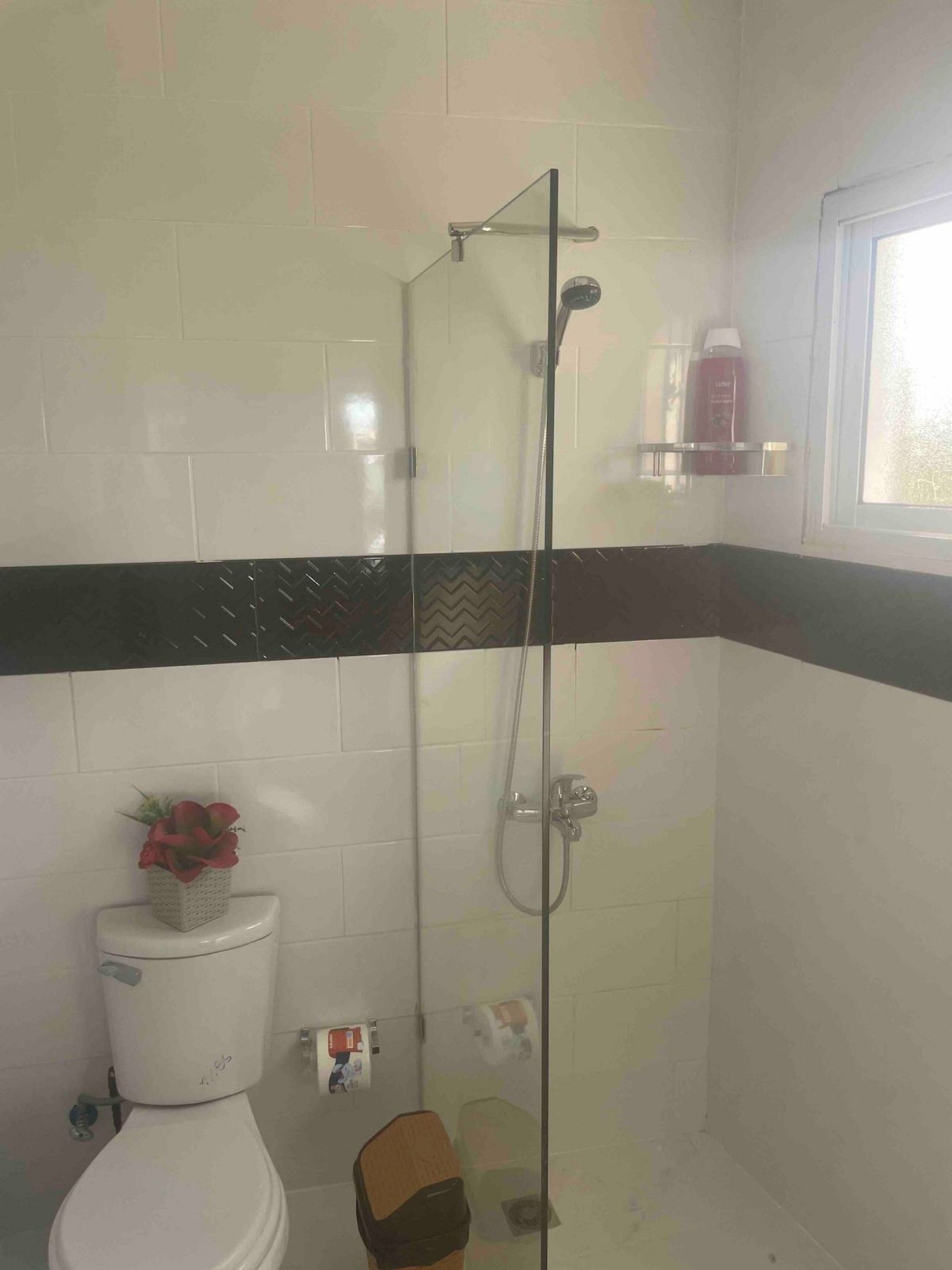 A bathroom with a glass-enclosed shower, a toilet with a decorative plant, and a window with a shelf above it.