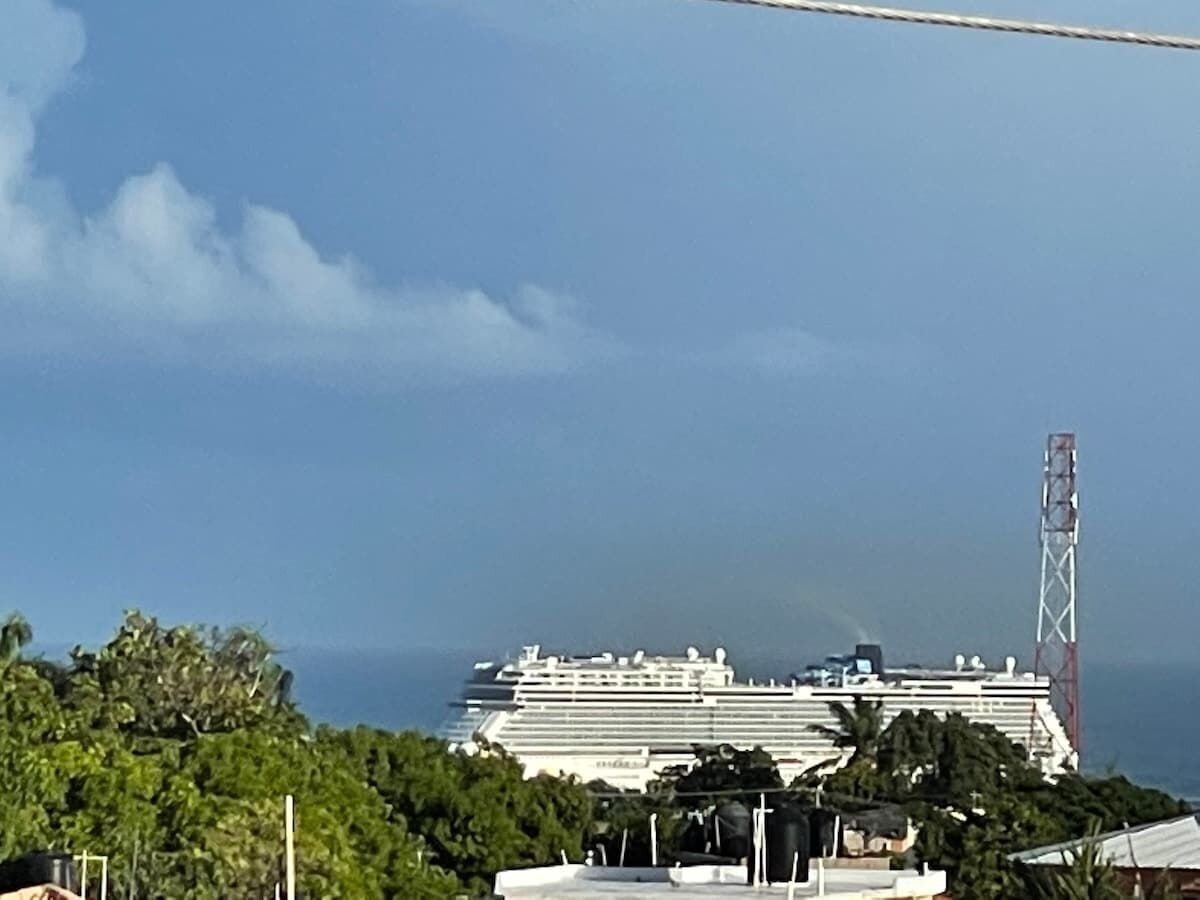 Un grand navire de croisière était amarré dans un port, avec une haute tour de communication en arrière-plan.