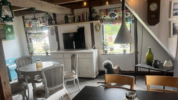 A cozy kitchen with a dining area, wooden cabinets, a TV, and a variety of decorative items. - Sodra Gotland 14 bed With Pool (Havdhem)
