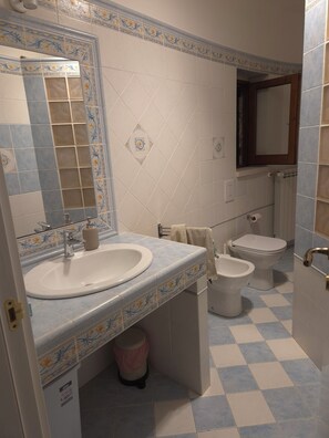 Douche, sèche-cheveux, bidet, serviettes fournies