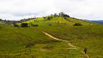 Paisaje montañoso con un sendero de tierra y una persona caminando.