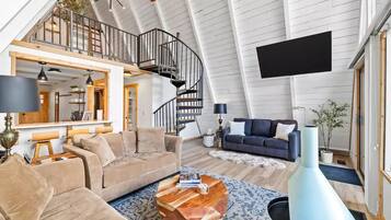 Smart TV, lareira, livros