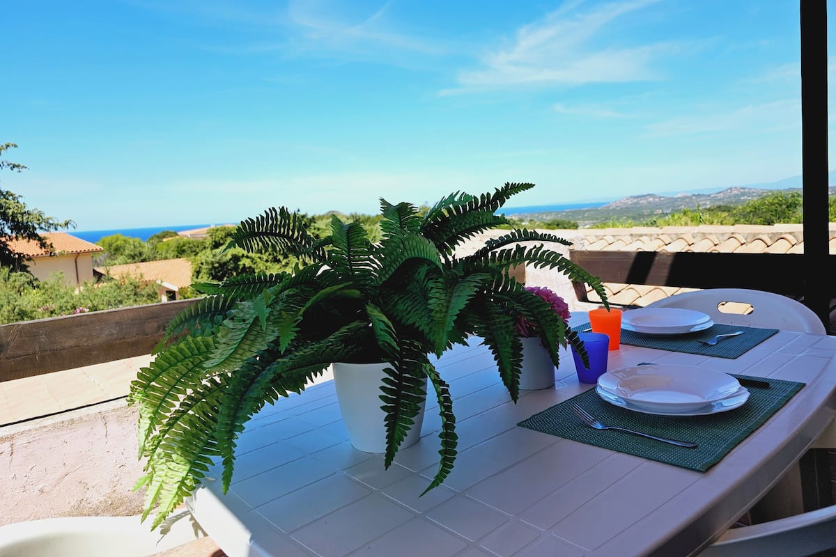 Ein Tisch mit einem Topf-Farn, Tellern und Besteck auf einer Terrasse mit Blick auf Meer und Hügel.