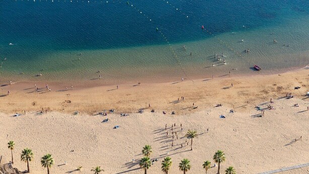 An aerial view of a beach with clear blue water, sandy shore, and palm trees. - Home2Book Stylish & Bright Apt, Santa Cruz Center (Santa Cruz de Tenerife)