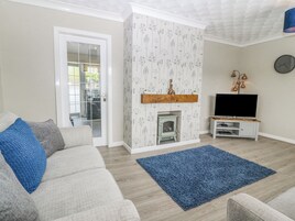 Una sala de estar con un sofá, un tapete azul, una chimenea, un televisor y un reloj en la pared.