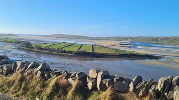 A coastal landscape with stone walls and grassy fields.