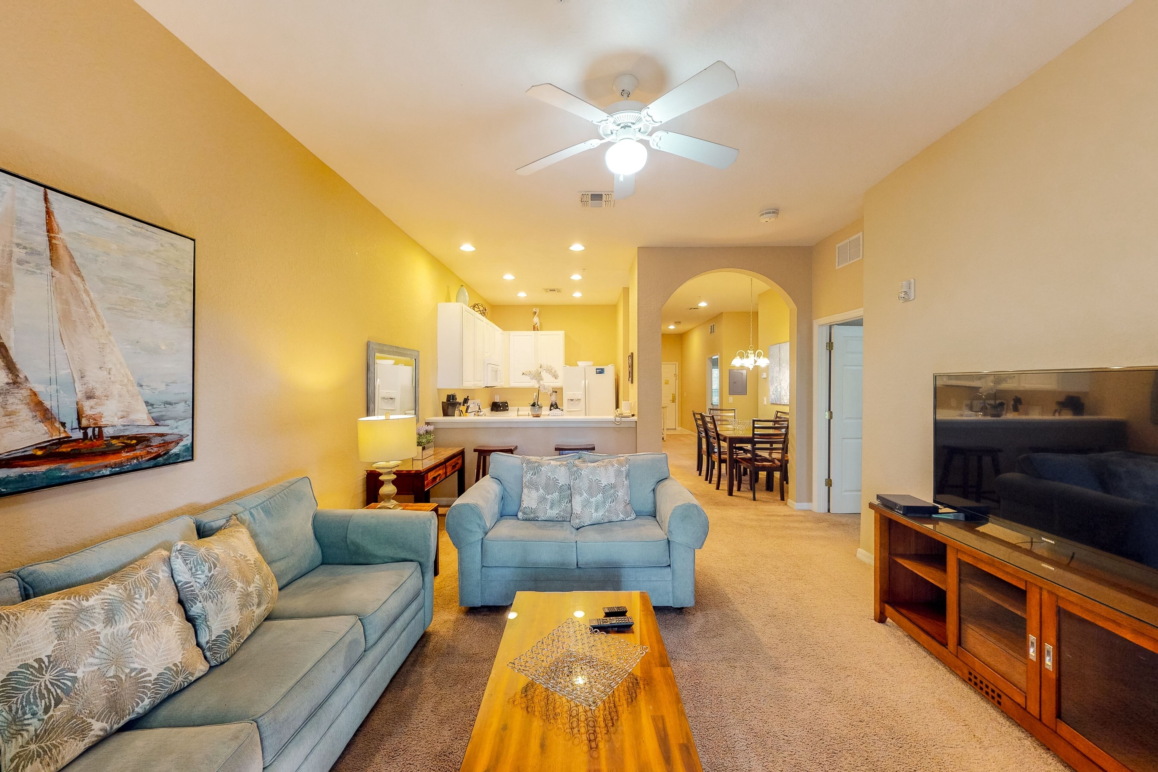 Téléviseur, lecteur de DVD, table de baby-foot, table de ping-pong