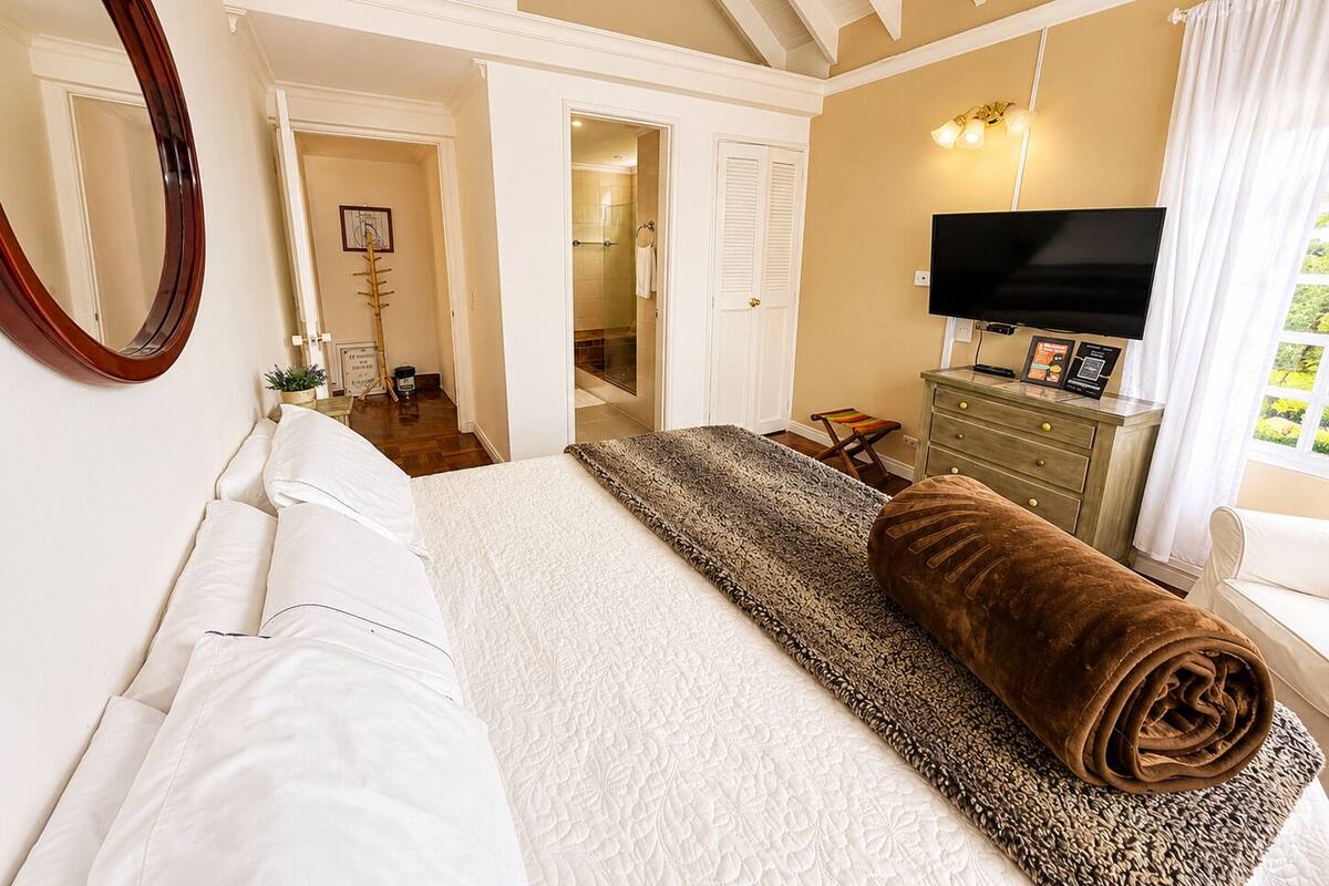 A bedroom with a bed, a TV, a dresser, and a window.