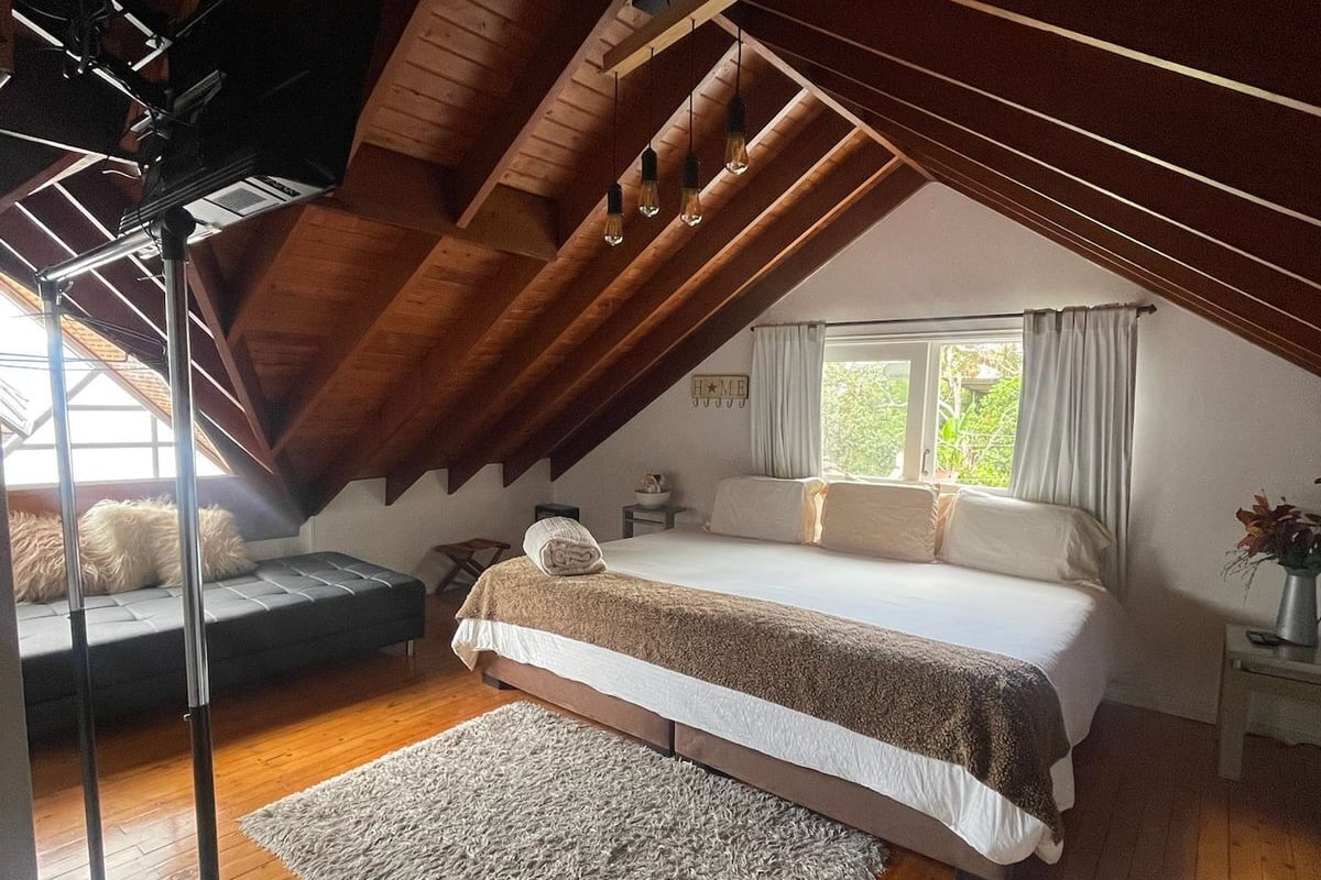 A bedroom with a loft bed, wooden beams, a skylight, and a view of greenery outside.