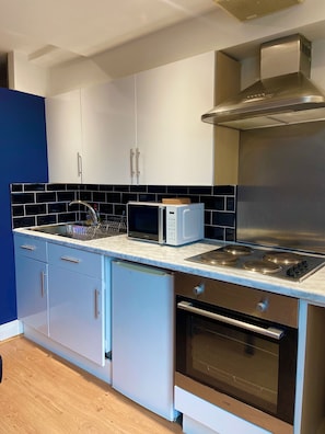Fridge, microwave, oven, electric kettle