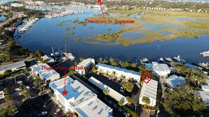 An aerial view of Downtown St. Augustine with Anstasia Island and Diane's Natural Market.