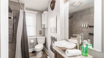 Hair dryer, towels, soap, shampoo