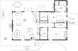 Planta baixa de uma casa, com sala de estar, sala de jantar, cozinha, dois quartos, um banheiro, varanda, chaminé e deck.
