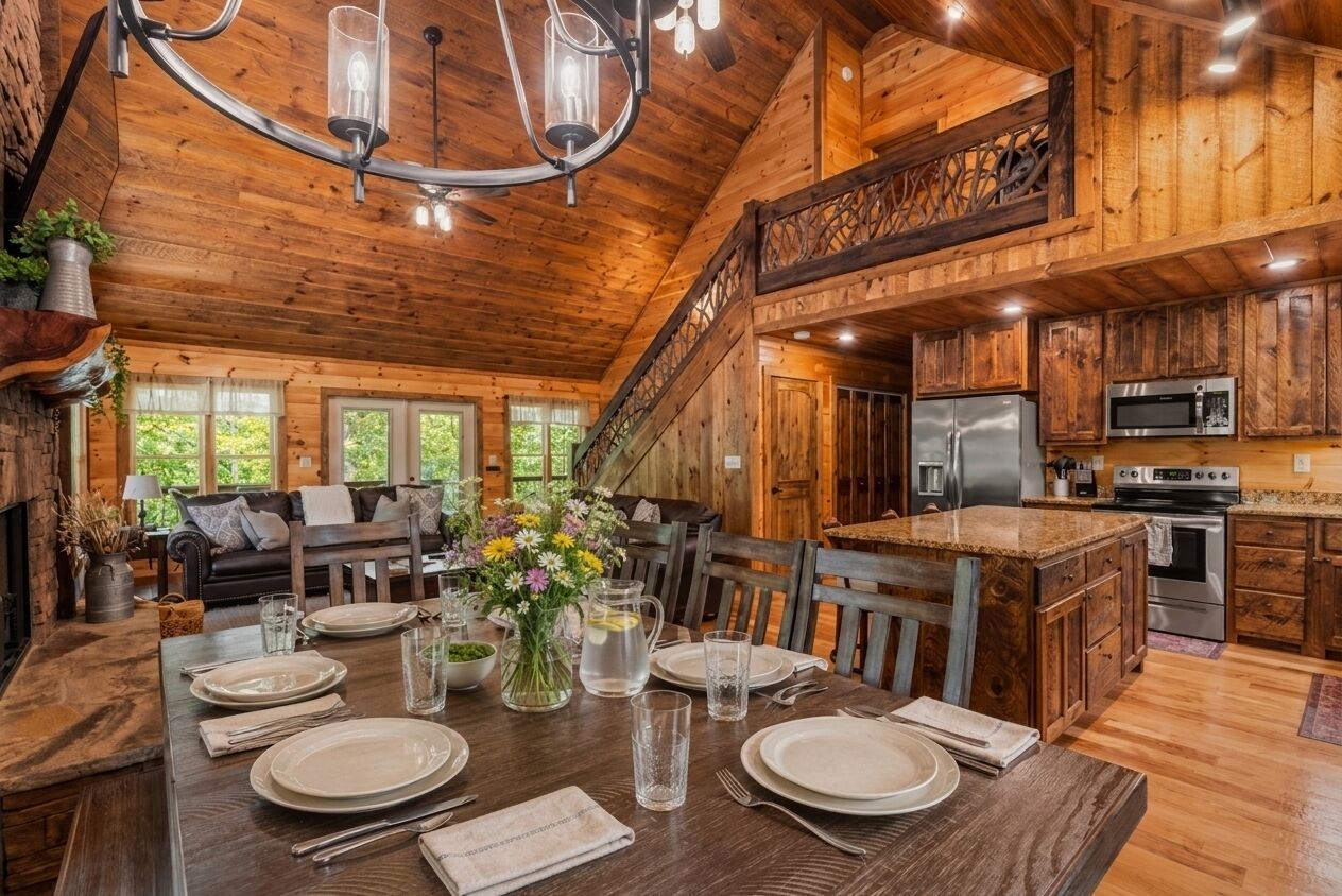 L'intérieur d'un chalet en bois comprend un coin repas, une cuisine et un escalier.