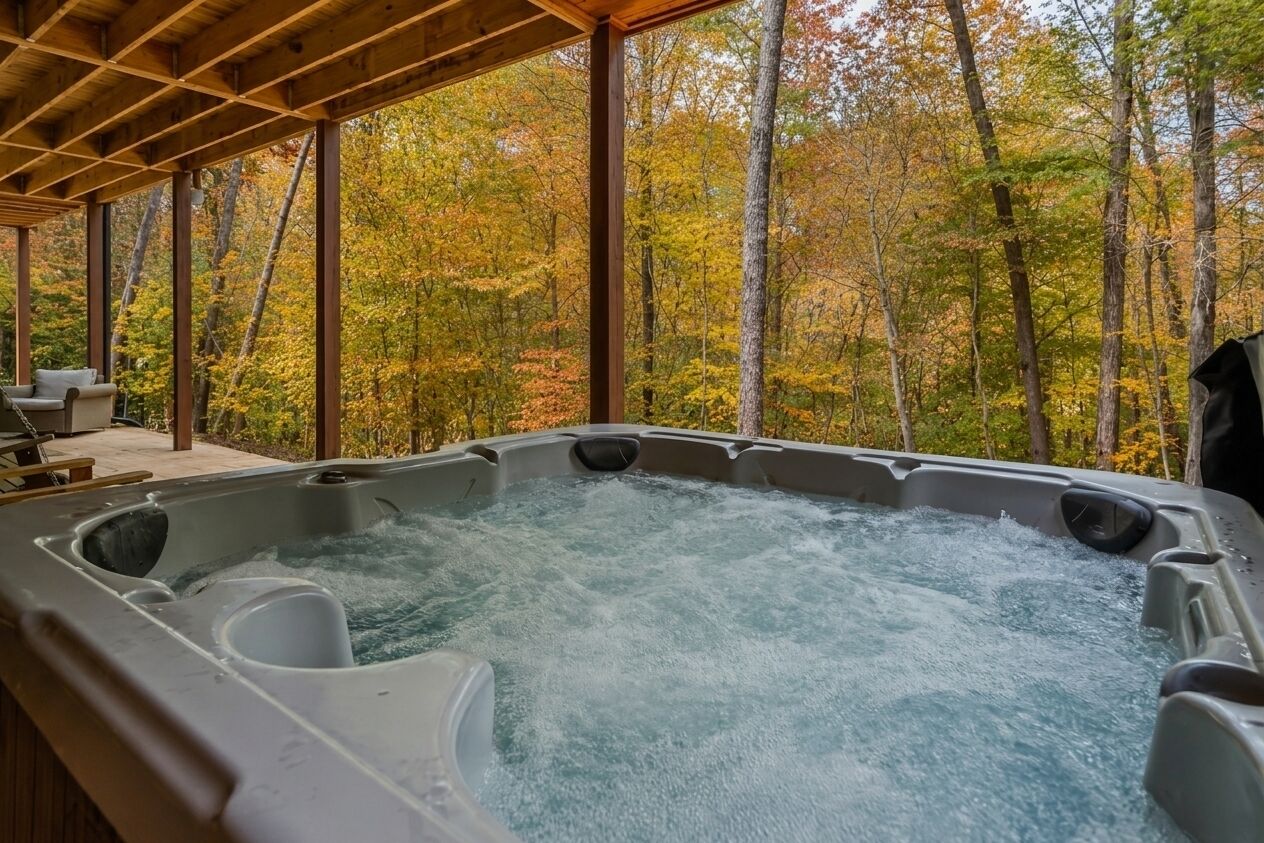 Un bain à remous avec vue sur les arbres aux couleurs automnales.