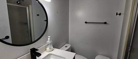 Hair dryer, bidet, towels, soap