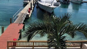 A marina with a large yacht docked at the pier, clear blue water, and a palm tree in the foreground. - Aqua Village Resort (Stocking Island)