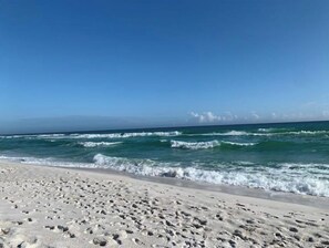 On the beach, sun loungers