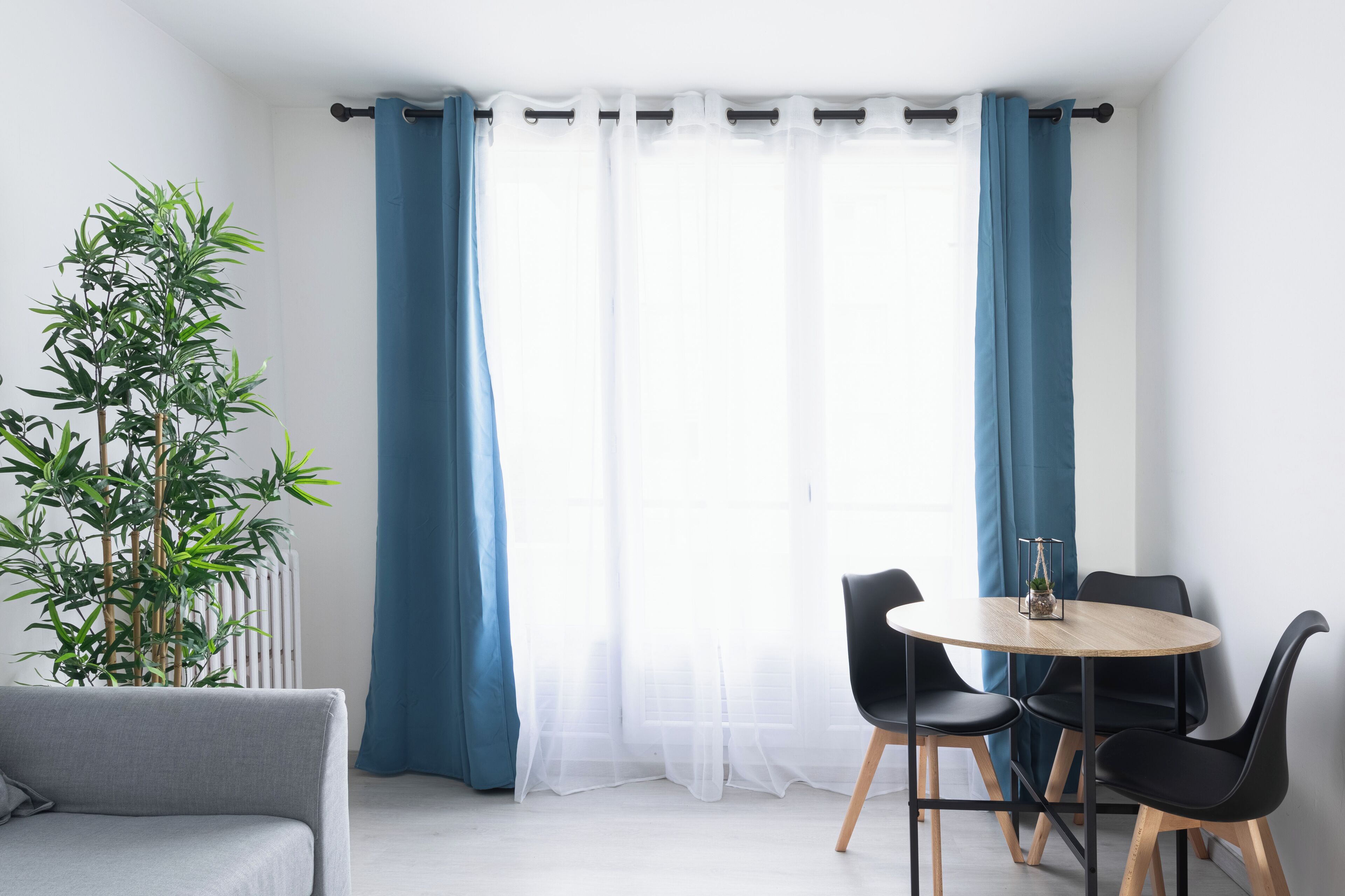 Une pièce moderne avec une table ronde, des chaises noires, un canapé gris et une plante en bambou.