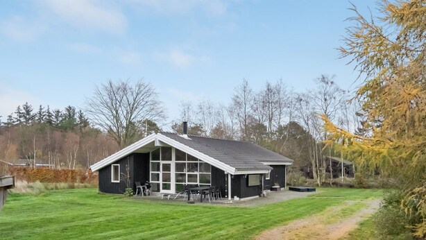 A black house with a white roof and large windows, surrounded by a well-maintained lawn and a gravel path leading to the entrance.
