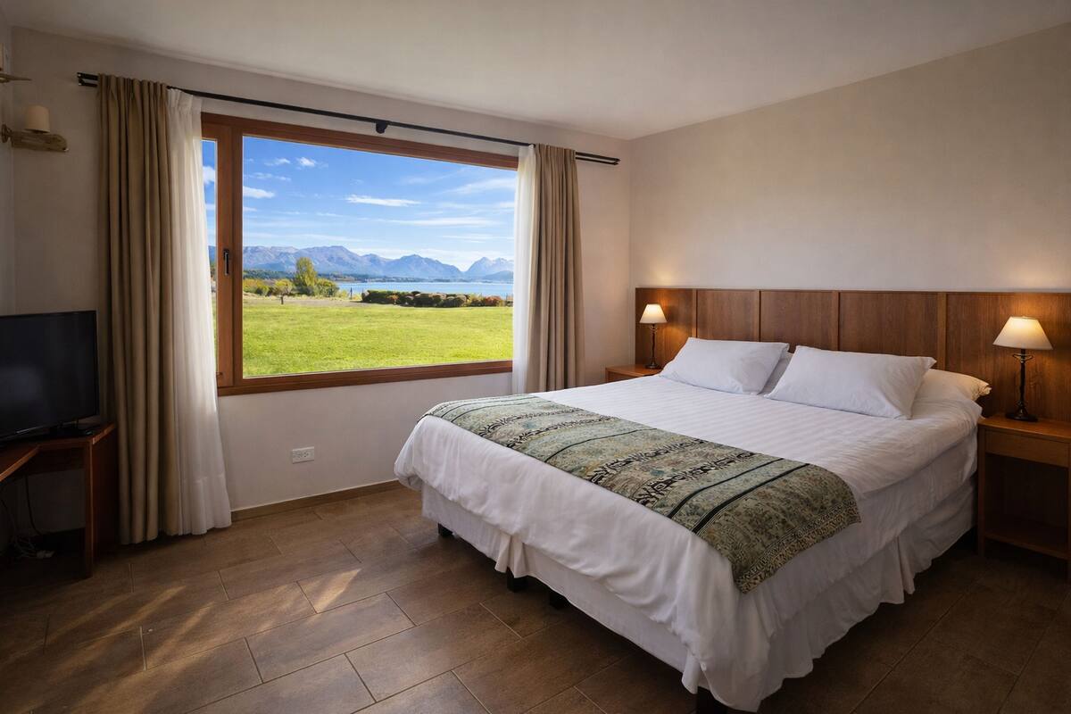Un dormitorio con un ventanal grande, una cama, un televisor y dos lámparas de noche.