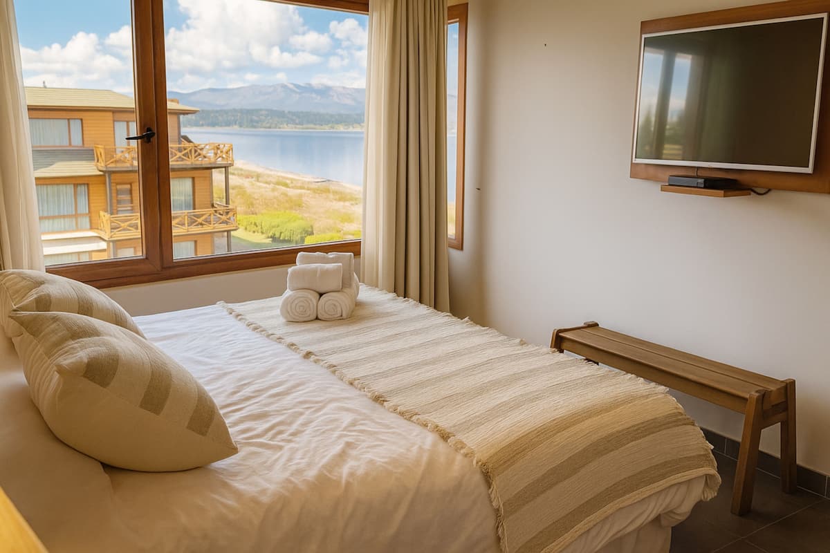 Un dormitorio con cama, televisor y vistas a un edificio y al agua.