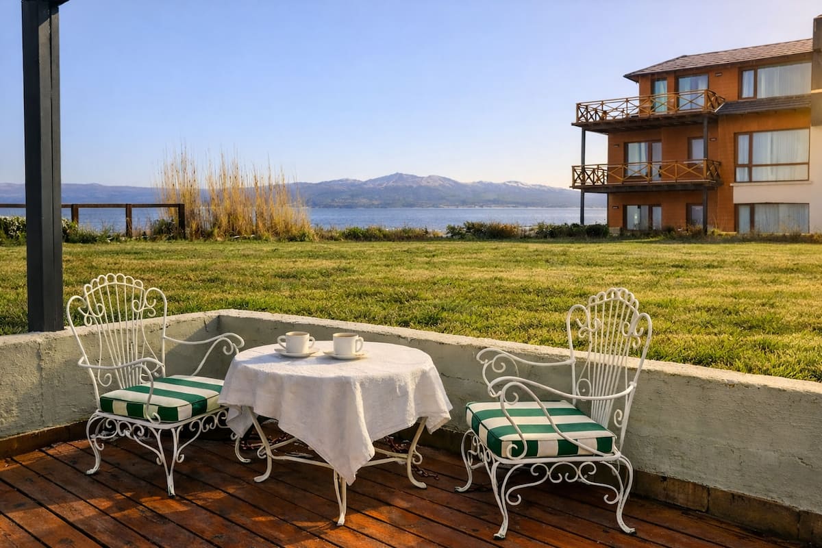 Una terraza con dos sillas de metal blanco y una mesa, con vistas a un lago y montañas.