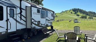 Just off I-5, RV available on a secluded lot. Close to town.