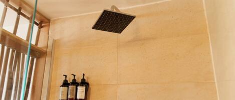 Une douche avec une porte en verre, un pommeau de douche amovible et deux bouteilles de shampoing.