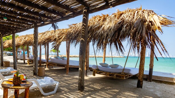 A beachside lounge area with thatched umbrellas, sun loungers, and a wooden table with a pineapple and fruit.