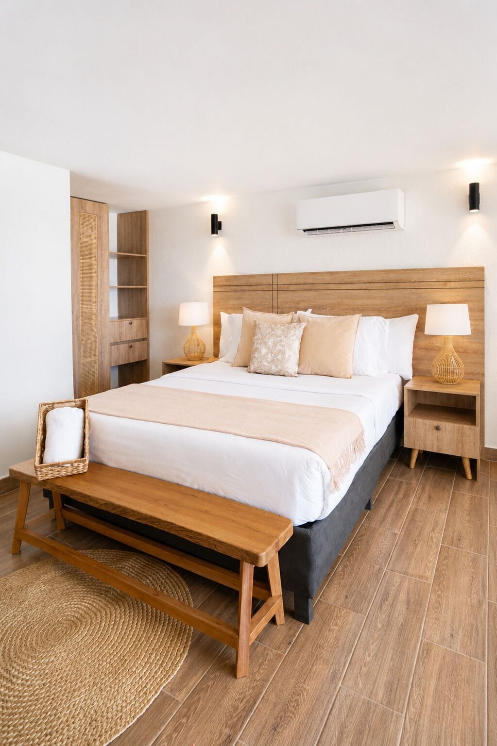 A bedroom with a wooden bed, bedside tables, a bench, a woven rug, and a wall-mounted air conditioner.