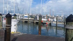 Un puerto deportivo con varias embarcaciones amarradas, pilotes de madera y un muelle con cuerdas.
