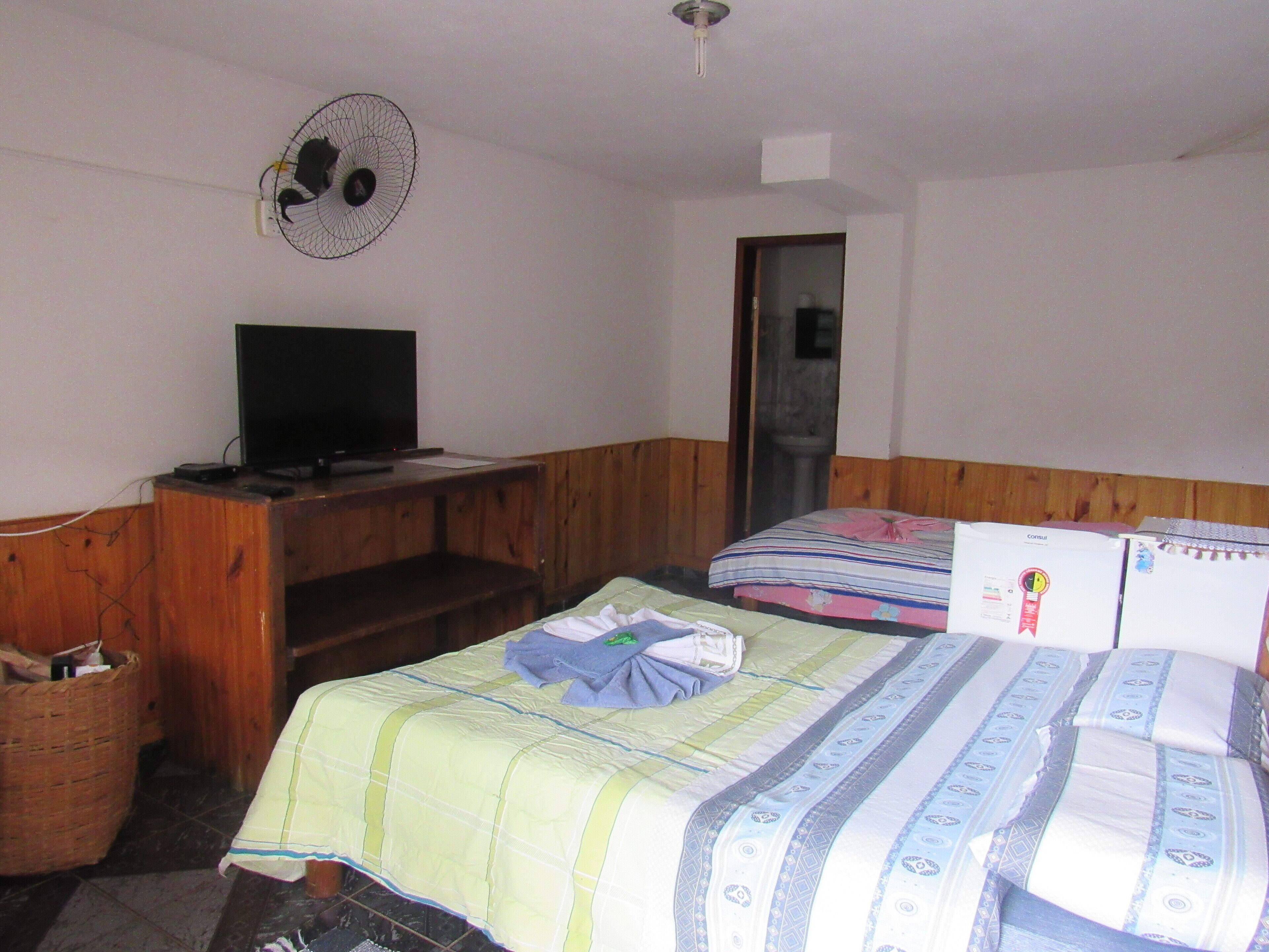 A room with a bed, a desk with a television, a fan, and a door.