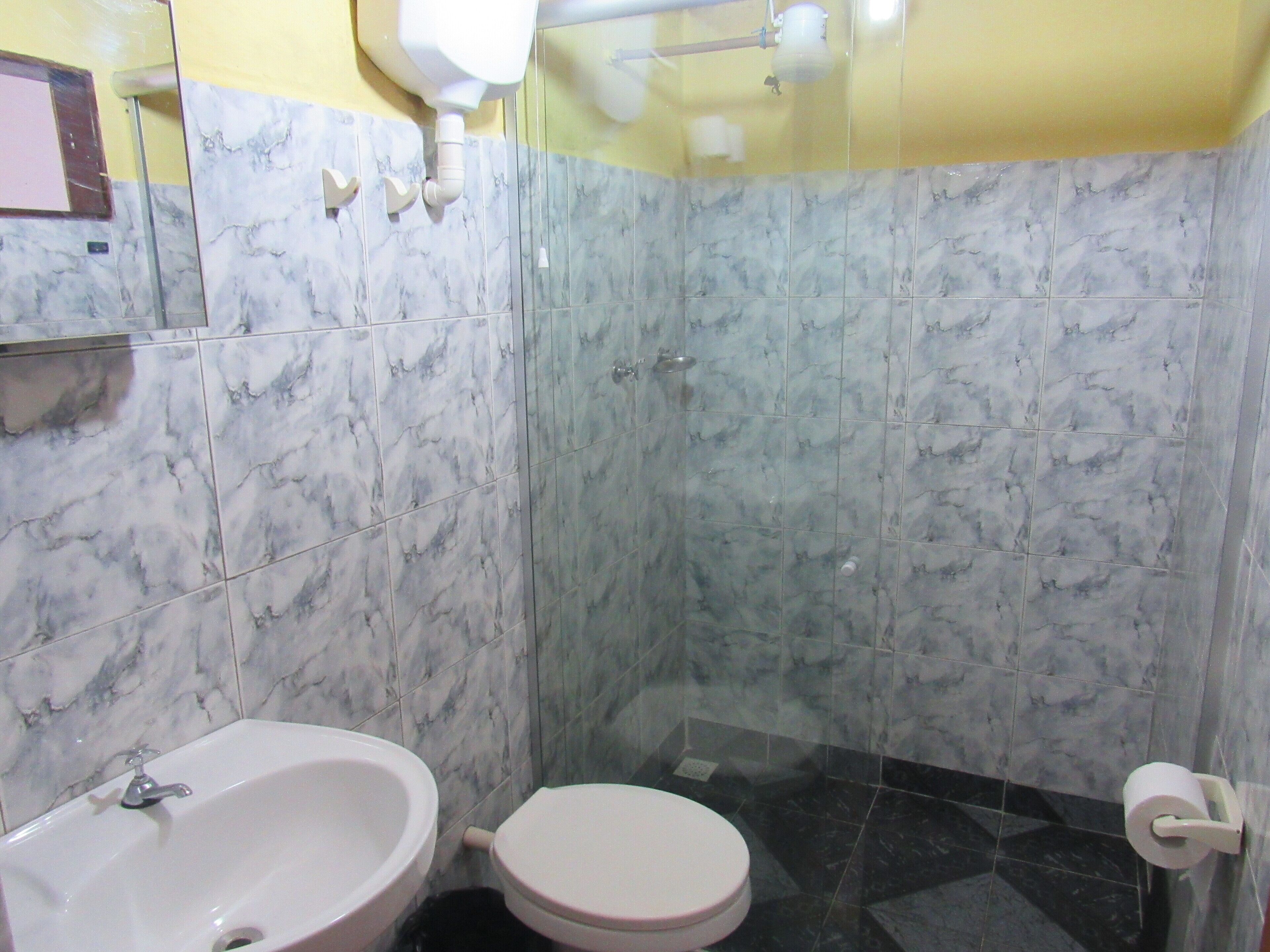 Un baño con lavabo, inodoro y zona de ducha.