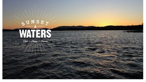 A sunset over a body of water with text overlay reading "SUNSET WATERS Fish Camp Canoe".