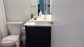 Séchoir à cheveux, serviettes fournies, savon, shampooing