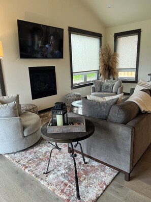 Smart TV, fireplace, books