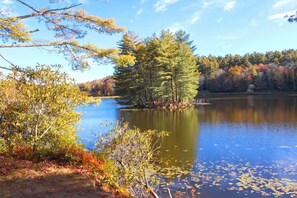 A serene lake surrounded by trees with autumn foliage.