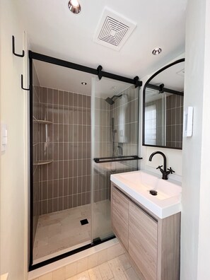 Shower, hair dryer, bidet, towels